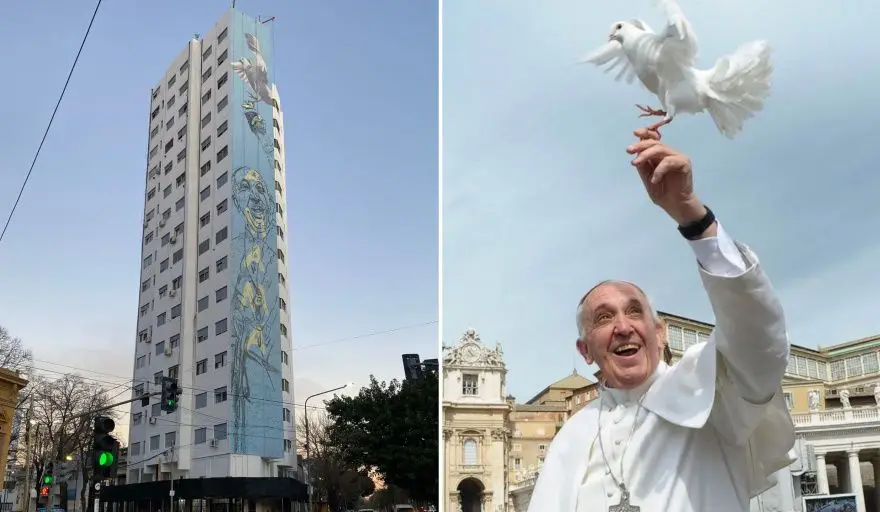 Martín Ron pinta en La Plata el mural del Papa Francisco más grande del mundo